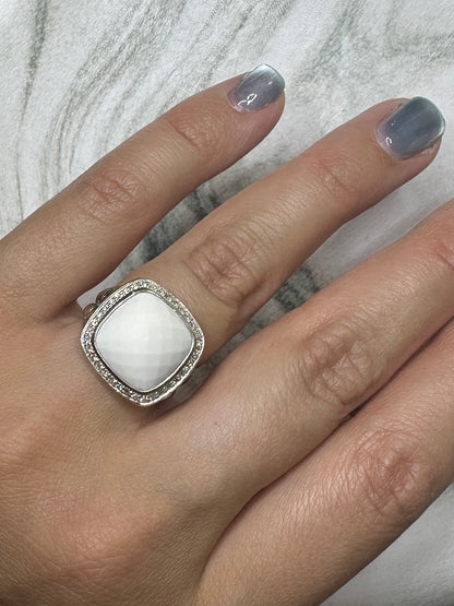 David Yurman Albion Diamond White Agate Ring 20mm Sterling Silver 925 Pave