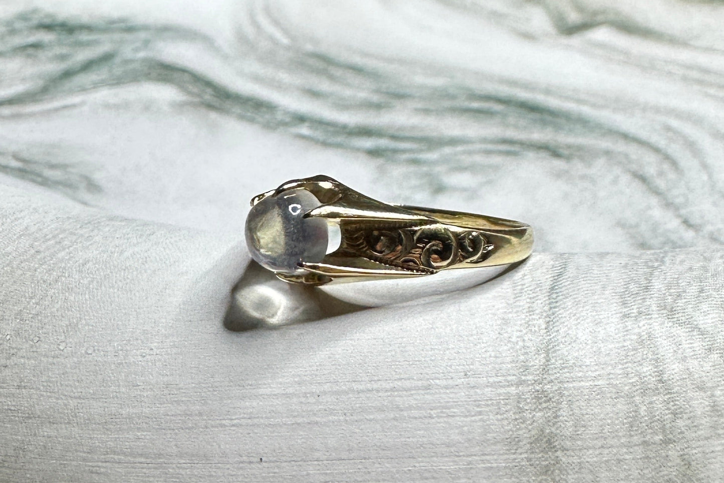 Vintage Moonstone 10k Yellow Gold Etched Ring Cabochon