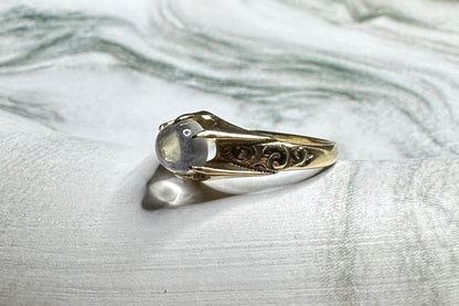 Vintage Moonstone 10k Yellow Gold Etched Ring Cabochon