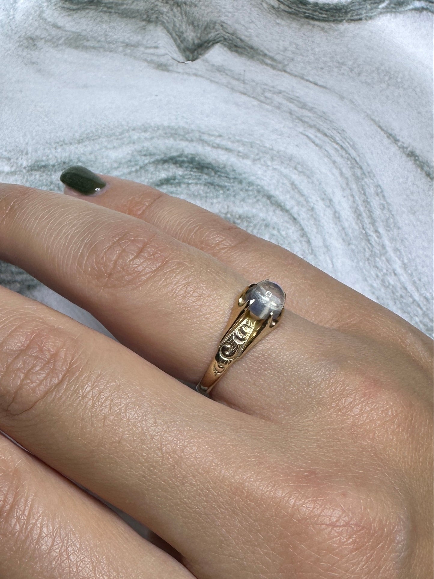 Vintage Moonstone 10k Yellow Gold Etched Ring Cabochon