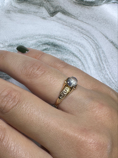 Vintage Moonstone 10k Yellow Gold Etched Ring Cabochon