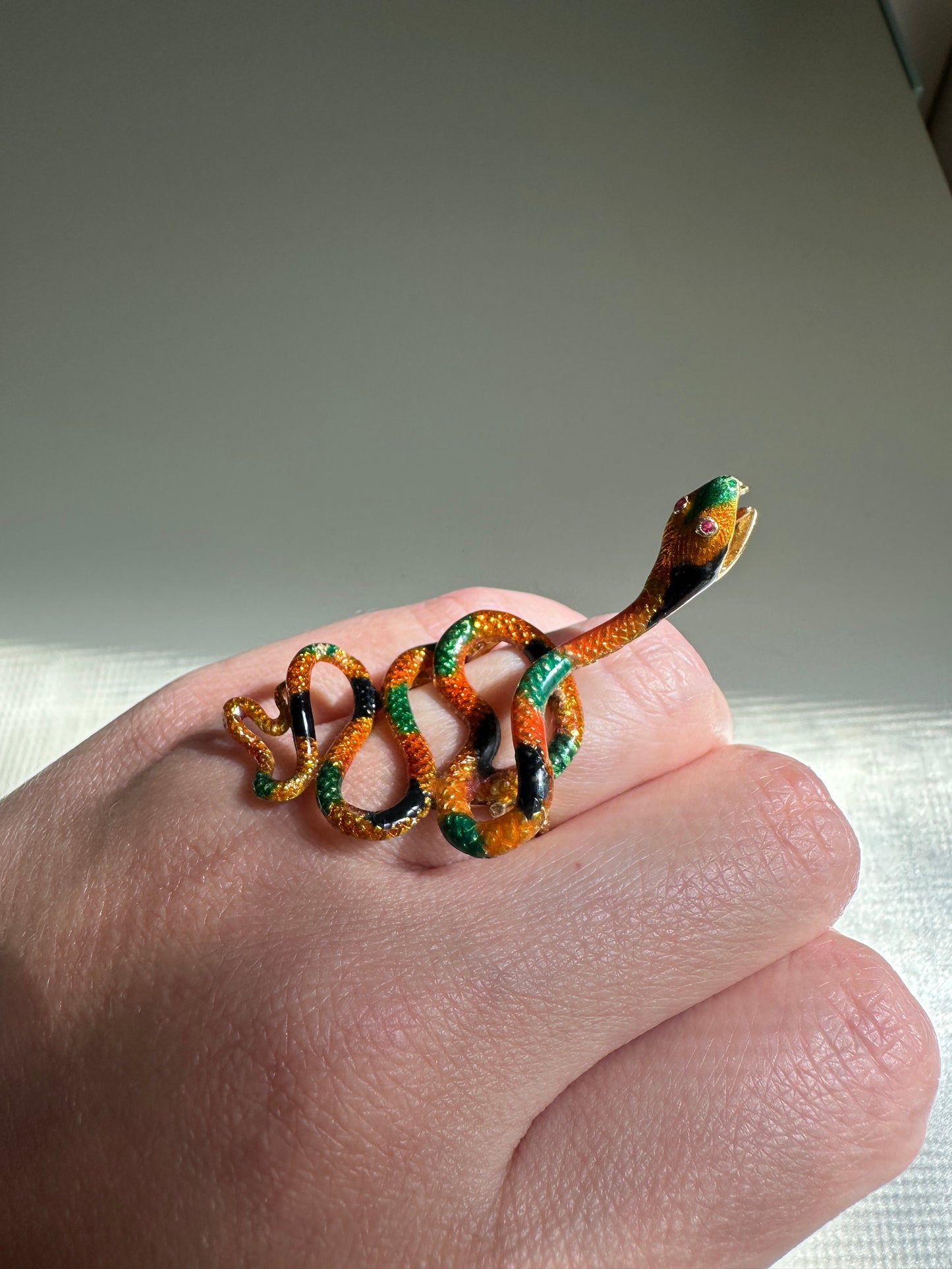 Vintage Enamel Snake Ring 18k Yellow Gold Large Coiled Serpent Cocktail 1960's 70's