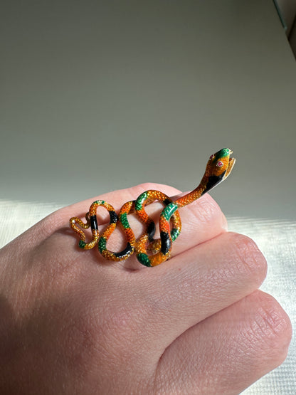 Vintage Enamel Snake Ring 18k Yellow Gold Large Coiled Serpent Cocktail 1960's 70's
