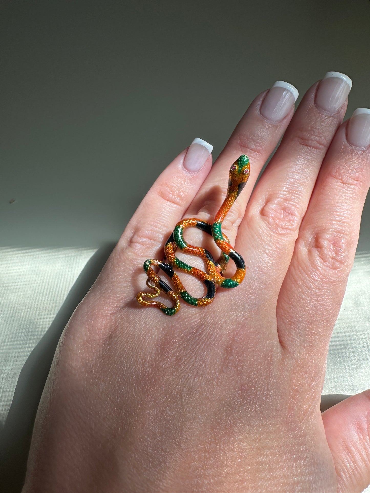 Vintage Enamel Snake Ring 18k Yellow Gold Large Coiled Serpent Cocktail 1960's 70's