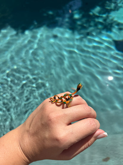 Vintage Enamel Snake Ring 18k Yellow Gold Large Coiled Serpent Cocktail 1960's 70's