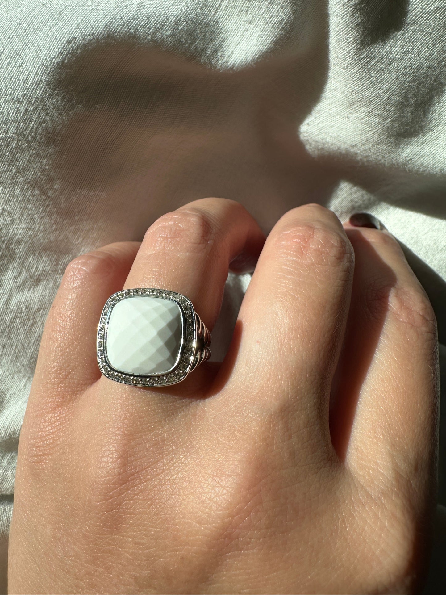 David Yurman Albion Diamond White Agate Ring 20mm Sterling Silver 925 Pave