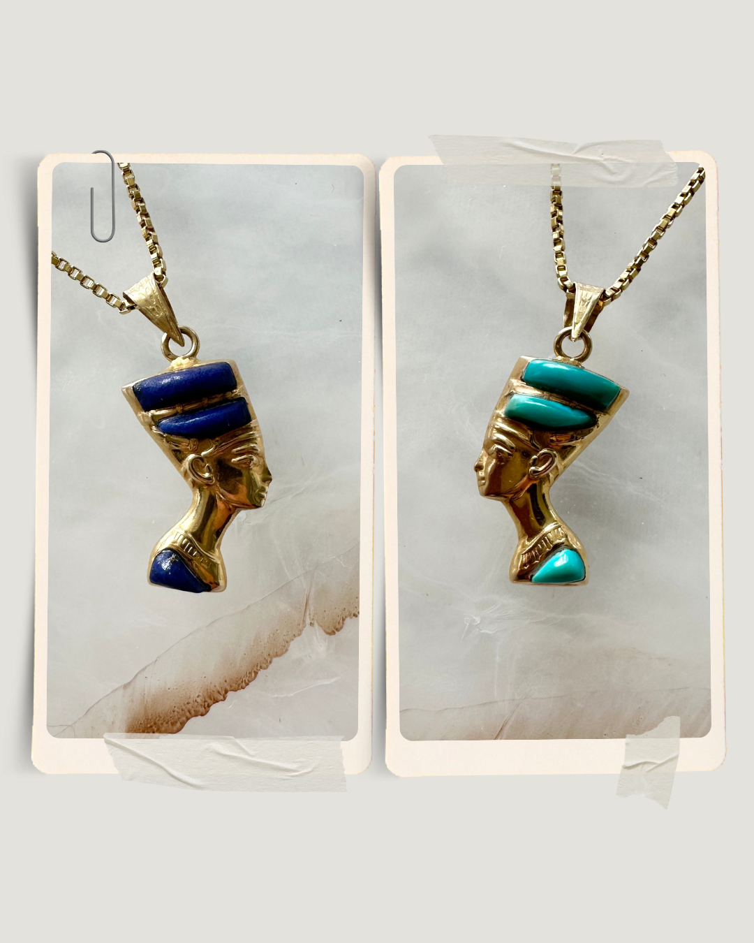 Egyptian Nefertiti 14k Yellow Gold Dual Sided Pendant Lapis Lazuli Turquoise Vintage Estate Revival
