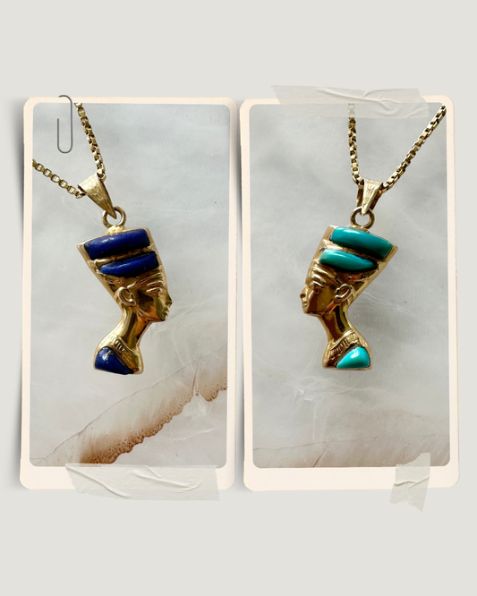 Egyptian Nefertiti 14k Yellow Gold Dual Sided Pendant Lapis Lazuli Turquoise Vintage Estate Revival