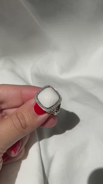 David Yurman Albion Diamond White Agate Ring 20mm Sterling Silver 925 Pave